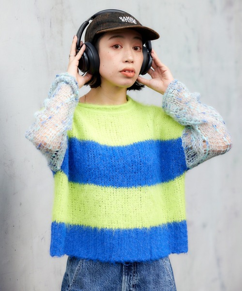 RODEO CROWNS WIDE BOWL（ロデオクラウンズワイドボウル）の「アームメッシュボーダーニットトップス（ニット/セーター・レディース・イエロー系その他/ブルー系その他/パープル系その他・FREE）」の6枚目の写真