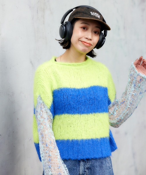 RODEO CROWNS WIDE BOWL（ロデオクラウンズワイドボウル）の「アームメッシュボーダーニットトップス（ニット/セーター・レディース・イエロー系その他/ブルー系その他/パープル系その他・FREE）」の7枚目の写真