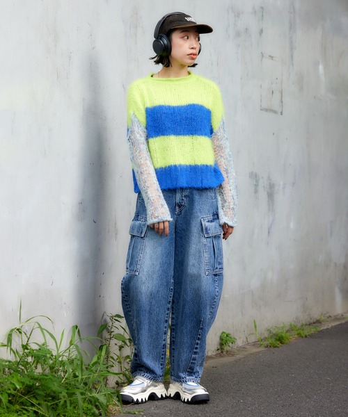 RODEO CROWNS WIDE BOWL（ロデオクラウンズワイドボウル）の「アームメッシュボーダーニットトップス（ニット/セーター・レディース・イエロー系その他/ブルー系その他/パープル系その他・FREE）」の11枚目の写真