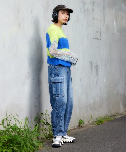 RODEO CROWNS WIDE BOWL（ロデオクラウンズワイドボウル）の「アームメッシュボーダーニットトップス（ニット/セーター・レディース・イエロー系その他/ブルー系その他/パープル系その他・FREE）」の12枚目の写真