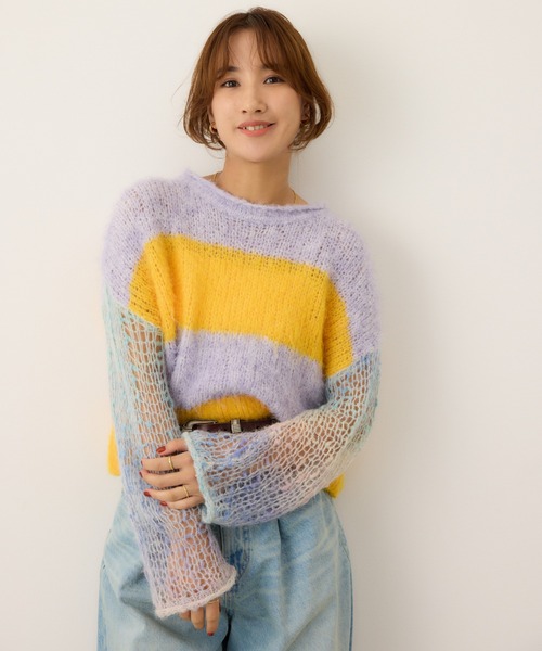 RODEO CROWNS WIDE BOWL（ロデオクラウンズワイドボウル）の「アームメッシュボーダーニットトップス（ニット/セーター・レディース・イエロー系その他/ブルー系その他/パープル系その他・FREE）」の16枚目の写真