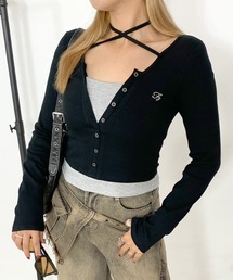 アンサンブル風ロゴ刺繍ショート丈トップス