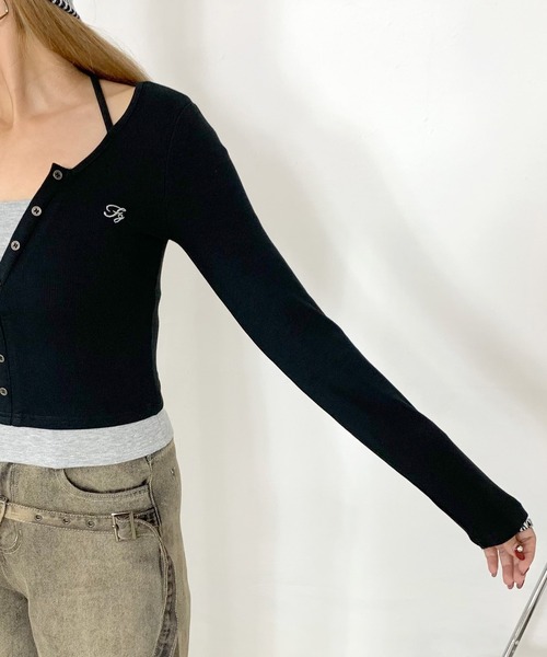 non-hedge（ノンヘッジ）の「アンサンブル風ロゴ刺繍ショート丈トップス（Tシャツ/カットソー・レディース・モカ/ブラック/グレー・FREE）」の18枚目の写真