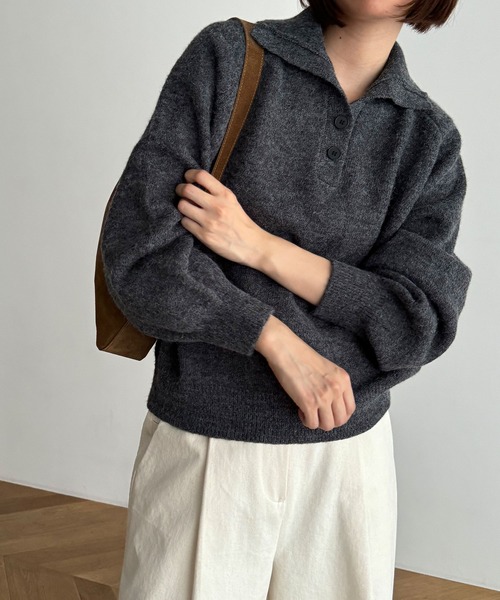 CANAL JEAN（キャナルジーン）の「El mar　アルパカ混ポロ襟ニット（ニット/セーター・レディース・ベージュ/ブラウン/チャコールグレー・ONE SIZE）」の7枚目の写真