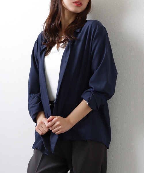 Lace Ladies(レースレディース)の「ソリッドカラー 2WAY ウエストシェイプ フロントボタン ブラウス(シャツ/ブラウス・レディース・ブルー/ホワイト/ネイビー・S/M/XL)」の4枚目の写真