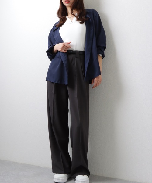 Lace Ladies(レースレディース)の「ソリッドカラー 2WAY ウエストシェイプ フロントボタン ブラウス(シャツ/ブラウス・レディース・ブルー/ホワイト/ネイビー・S/M/XL)」の6枚目の写真