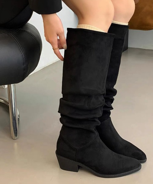 【 MEMECLE / メメクル 】スエード ギャザーロングブーツ（ブーツ）｜MEMECLE（メメクル）