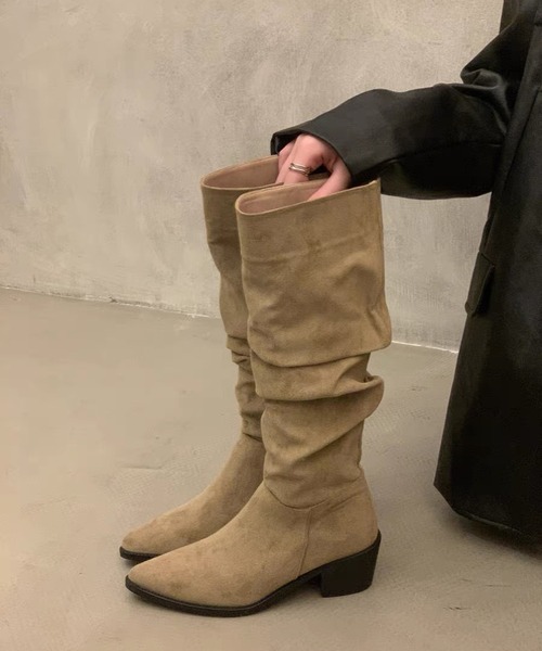 【 MEMECLE / メメクル 】スエード ギャザーロングブーツ（ブーツ）｜MEMECLE（メメクル）