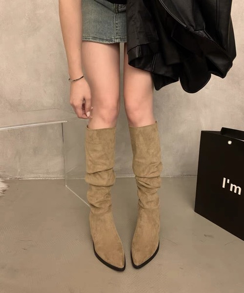 【 MEMECLE / メメクル 】スエード ギャザーロングブーツ（ブーツ）｜MEMECLE（メメクル）