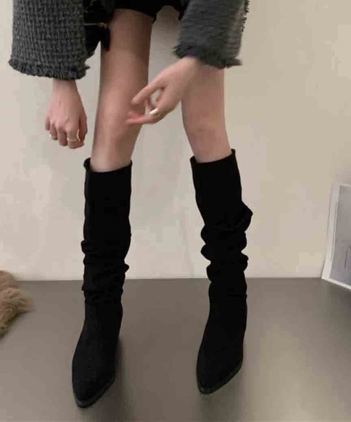 【 MEMECLE / メメクル 】スエード ギャザーロングブーツ（ブーツ）｜MEMECLE（メメクル）