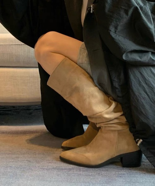 【 MEMECLE / メメクル 】スエード ギャザーロングブーツ（ブーツ）｜MEMECLE（メメクル）