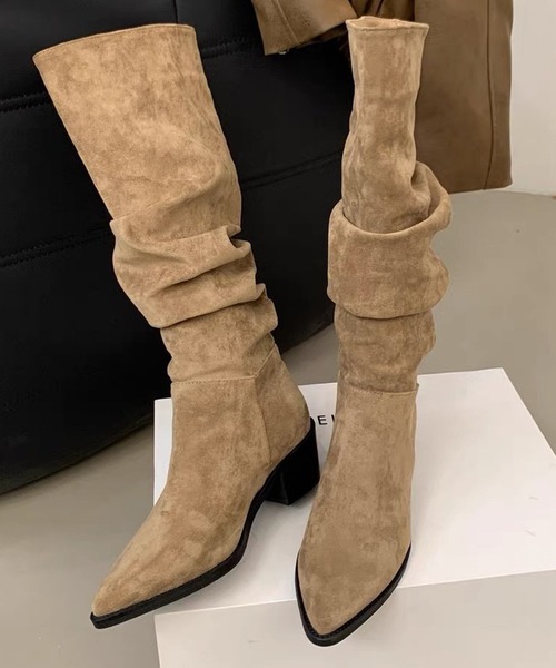 【 MEMECLE / メメクル 】スエード ギャザーロングブーツ（ブーツ）｜MEMECLE（メメクル）