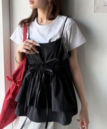 旬のレイヤードスタイルがこれ一着で即完成。ダブルリボン使いキャミ&ムーン刺繍半袖Tシャツセット
