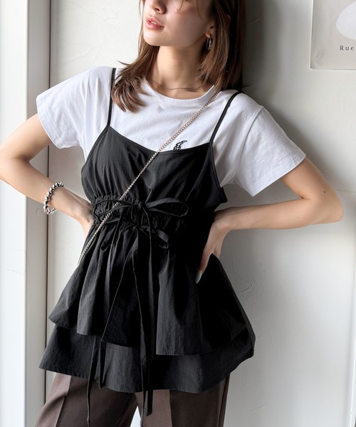 classicalelf（クラシカルエルフ）の「旬のレイヤードスタイルがこれ一着で即完成。ダブルリボン使いキャミ＆ムーン刺繍半袖Tシャツセット（Tシャツ/カットソー・レディース・オフホワイト/杢グレー・LARGE/X-LARGE/SMALL/MEDIUM）」の5枚目の写真