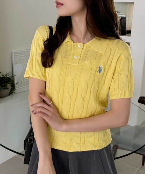 U.S. POLO ASSN.(ユーエスポロアッスン)の「Ada.別注 // U.S. POLO ASSN ケーブル サマーニット ポロシャツ(ポロシャツ・レディース・ネイビー/イエロー/アイボリー/ピンク/グレー・M/S)」の8枚目の写真