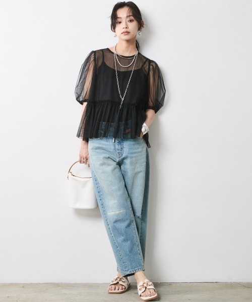 セール】ヴィンテージ風9分丈デニムパンツ＜大きいサイズ有＞シック