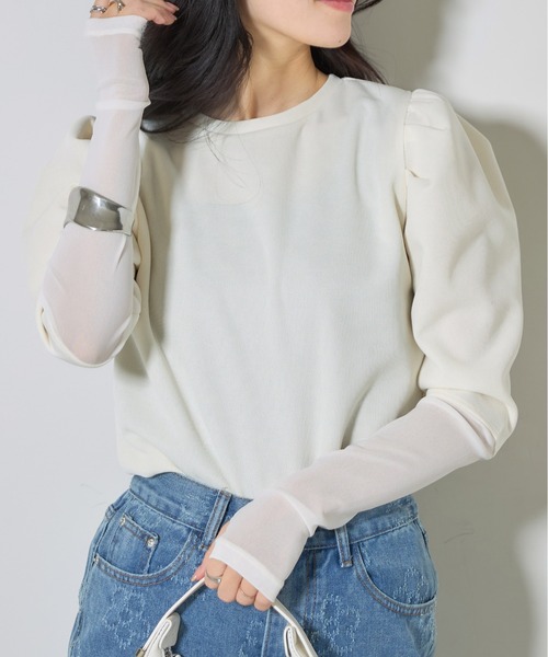 &. NOSTALGIA(アンドドットノスタルジア)の「【ZOZO限定】袖口シアーパワショルトップス(Tシャツ/カットソー・レディース・オフホワイト/ブラック・M)」の11枚目の写真