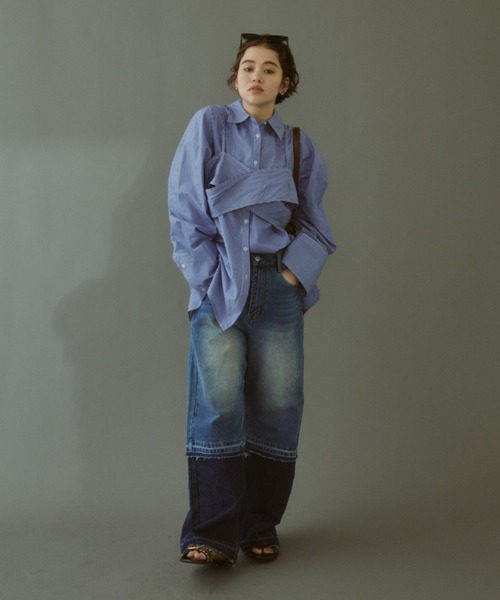 MIRROR STOKE(ミラーストーク)の「【ZOZO限定】COLOR PANEL DENIM PANTS/カラーパネルデニムパンツ(デニムパンツ・レディース・グレー/サックスブルー・LARGE/MEDIUM)」の3枚目の写真