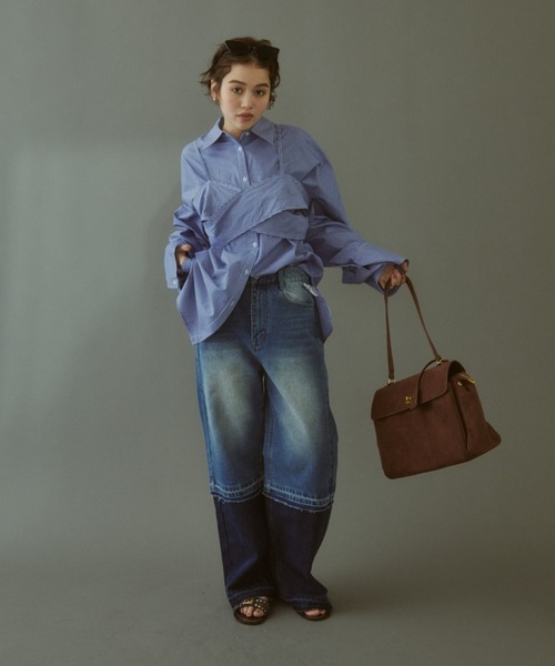 MIRROR STOKE(ミラーストーク)の「【ZOZO限定】COLOR PANEL DENIM PANTS/カラーパネルデニムパンツ(デニムパンツ・レディース・グレー/サックスブルー・LARGE/MEDIUM)」の4枚目の写真