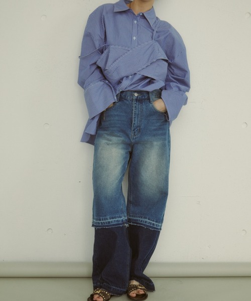 MIRROR STOKE(ミラーストーク)の「【ZOZO限定】COLOR PANEL DENIM PANTS/カラーパネルデニムパンツ(デニムパンツ・レディース・グレー/サックスブルー・LARGE/MEDIUM)」の10枚目の写真