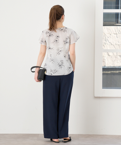 新品未使用★IENAイエナ　花柄シャツカットソー 追加》ストライプフラワー 前ボタンVネックブラウス（シャツ