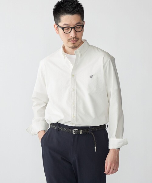 SHIPS（シップス）の「【WEB限定】SHIPS: SOLOTEX(R) DRY ワンポイントロゴ シアサッカー ボタンダウンシャツ（シャツ/ブラウス・メンズ・ネイビー/ホワイト/ブラック・X-LARGE/LARGE/MEDIUM/SMALL）」の2枚目の写真
