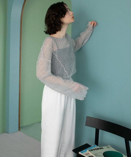 forksy.】シアー ボーダー メロー ロングスリーブTシャツ forksy