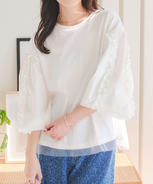KOBE LETTUCE（コウベレタス）の「異素材ギャザーフリルチュール重ねトップス（Tシャツ/カットソー・レディース・オフホワイト/グレー/ブラック・M）」の13枚目の写真