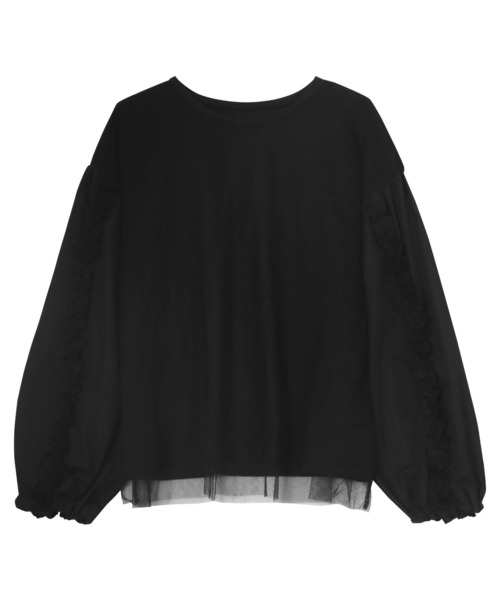 KOBE LETTUCE（コウベレタス）の「異素材ギャザーフリルチュール重ねトップス（Tシャツ/カットソー・レディース・オフホワイト/グレー/ブラック・M）」の5枚目の写真