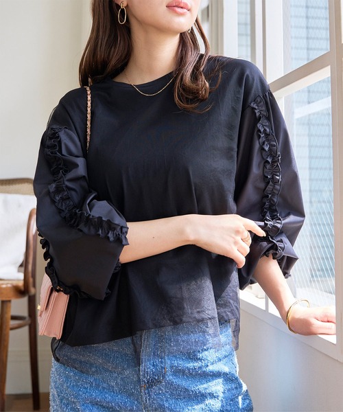 KOBE LETTUCE（コウベレタス）の「異素材ギャザーフリルチュール重ねトップス（Tシャツ/カットソー・レディース・オフホワイト/グレー/ブラック・M）」の14枚目の写真