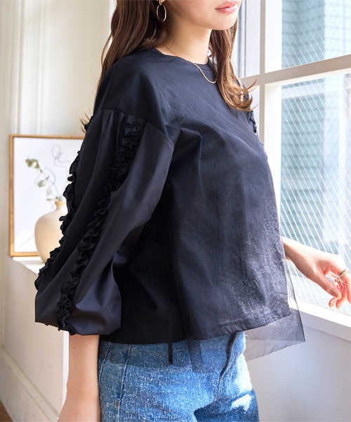 KOBE LETTUCE（コウベレタス）の「異素材ギャザーフリルチュール重ねトップス（Tシャツ/カットソー・レディース・オフホワイト/グレー/ブラック・M）」の15枚目の写真