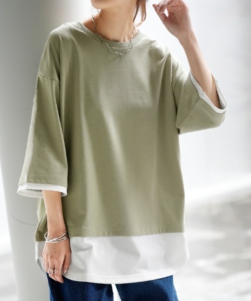 HUG.U（ハグユー）の「レイヤード風Tシャツ（Tシャツ/カットソー・レディース・セージグリーン/ブラック/ダークグレー/ネイビー/ライトグレー・L/M）」の4枚目の写真