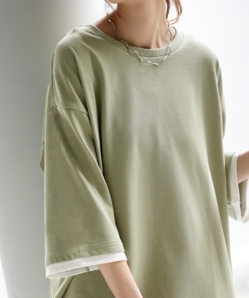 HUG.U（ハグユー）の「レイヤード風Tシャツ（Tシャツ/カットソー・レディース・セージグリーン/ブラック/ダークグレー/ネイビー/ライトグレー・L/M）」の9枚目の写真