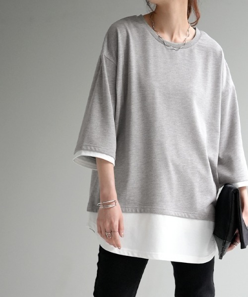 HUG.U（ハグユー）の「レイヤード風Tシャツ（Tシャツ/カットソー・レディース・セージグリーン/ブラック/ダークグレー/ネイビー/ライトグレー・L/M）」の11枚目の写真