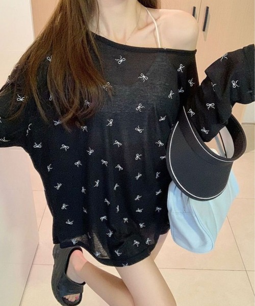 CANVAS+(キャンバスプラス)の「【CANVAS+】バッククロスリボン柄シアートップス(Tシャツ/カットソー・レディース・ホワイト/ブラック・M)」の12枚目の写真