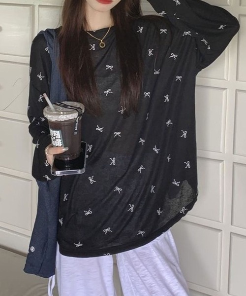 CANVAS+(キャンバスプラス)の「【CANVAS+】バッククロスリボン柄シアートップス(Tシャツ/カットソー・レディース・ホワイト/ブラック・M)」の6枚目の写真