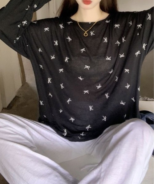 CANVAS+(キャンバスプラス)の「【CANVAS+】バッククロスリボン柄シアートップス(Tシャツ/カットソー・レディース・ホワイト/ブラック・M)」の4枚目の写真