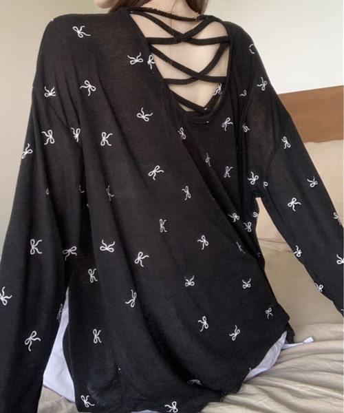CANVAS+(キャンバスプラス)の「【CANVAS+】バッククロスリボン柄シアートップス(Tシャツ/カットソー・レディース・ホワイト/ブラック・M)」の3枚目の写真