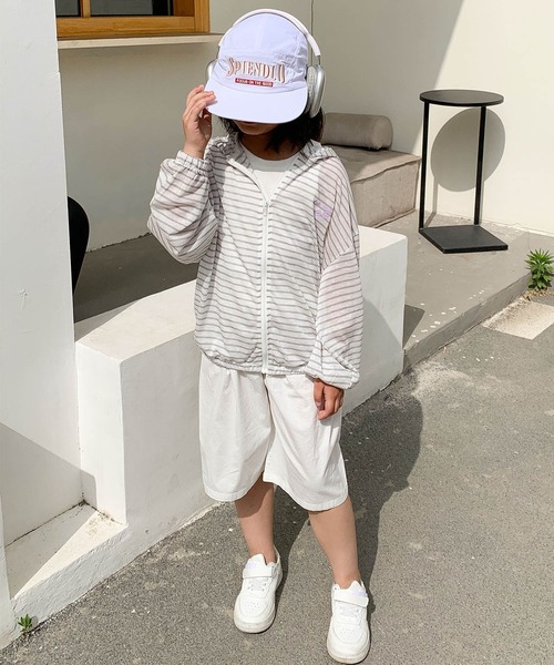 aimoha(アイモハ)の「【aimoha-KIDS-】薄手ボーダージップアップパーカー (SS)(パーカー・キッズ・グレー/ブルー/ピンク・110/120/130/140/150)」の6枚目の写真