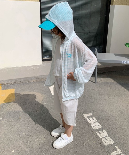 aimoha(アイモハ)の「【aimoha-KIDS-】薄手ボーダージップアップパーカー (SS)(パーカー・キッズ・グレー/ブルー/ピンク・110/120/130/140/150)」の14枚目の写真