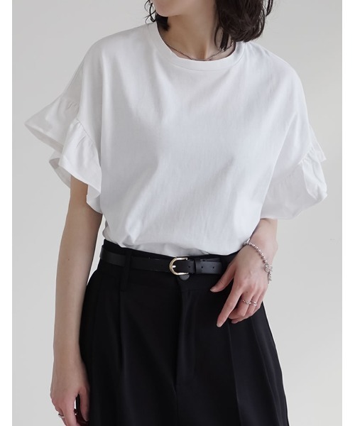 Re:EDIT(リエディ)の「綿天竺ショルダーフリルTシャツ(Tシャツ/カットソー・レディース・ホワイト/ブラック・MEDIUM/LARGE)」の7枚目の写真