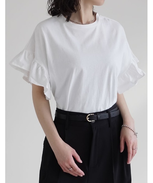 Re:EDIT(リエディ)の「綿天竺ショルダーフリルTシャツ(Tシャツ/カットソー・レディース・ホワイト/ブラック・MEDIUM/LARGE)」の11枚目の写真