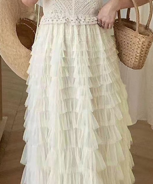 DAY CLOSET(デイ クローゼット)の「レディース ニット×チュールティアード異素材mixドッキングキャミワンピース(ワンピース・レディース・アイボリー/ホワイト・FREE)」の13枚目の写真
