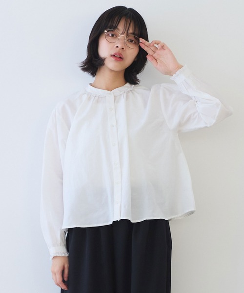 bulle de savon（ビュルデサボン）の「△コットン/シルク lace ギャザーブラウス（シャツ/ブラウス・レディース・ホワイト/ブルーグレー/ブラック・FREE）」の2枚目の写真