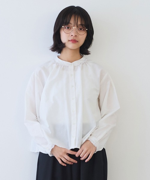 bulle de savon（ビュルデサボン）の「△コットン/シルク lace ギャザーブラウス（シャツ/ブラウス・レディース・ホワイト/ブルーグレー/ブラック・FREE）」の4枚目の写真