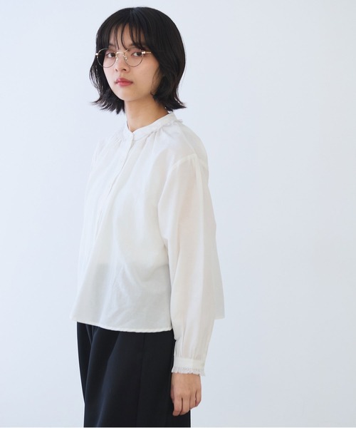 bulle de savon（ビュルデサボン）の「△コットン/シルク lace ギャザーブラウス（シャツ/ブラウス・レディース・ホワイト/ブルーグレー/ブラック・FREE）」の9枚目の写真