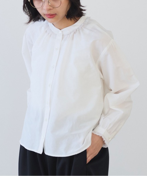 bulle de savon（ビュルデサボン）の「△コットン/シルク lace ギャザーブラウス（シャツ/ブラウス・レディース・ホワイト/ブルーグレー/ブラック・FREE）」の7枚目の写真