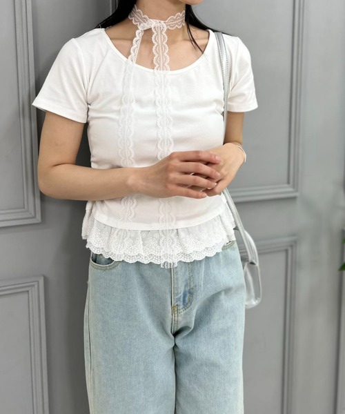 mebole(メボレ)の「lace scarf T-shirt(Tシャツ/カットソー・レディース・ブルー/ホワイト・FREE)」の1枚目の写真