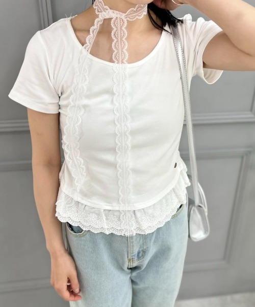 mebole(メボレ)の「lace scarf T-shirt(Tシャツ/カットソー・レディース・ブルー/ホワイト・FREE)」の6枚目の写真
