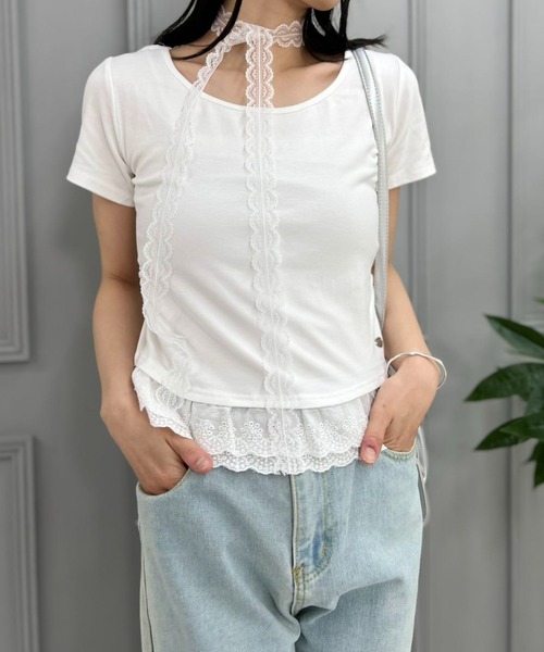 mebole(メボレ)の「lace scarf T-shirt(Tシャツ/カットソー・レディース・ブルー/ホワイト・FREE)」の3枚目の写真